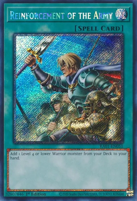 Reinforcement of the Army Platinum Secret Rare RA01-EN051 Yu-Gi-Oh card from 25th Anniversary Rarity Collection
