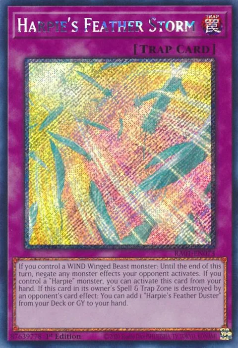 Harpie's Feather Storm Platinum Secret Rare RA01-EN073 Yu-Gi-Oh card from 25th Anniversary Rarity Collection
