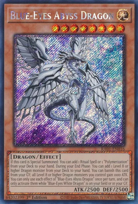 Blue-Eyes Abyss Dragon Platinum Secret Rare RA01-EN016 Yu-Gi-Oh card from 25th Anniversary Rarity Collection