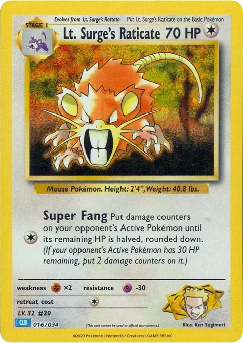 Lt. Surge's Raticate #016/034 Holofoil Pokémon card from Trading Card Game Classic