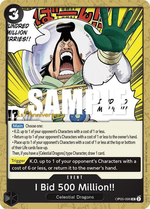 I Bid 500 Million!! OP05-096 Tournament One Piece card from Awakening of the New Era: 1st Anniversary Tournament Cards