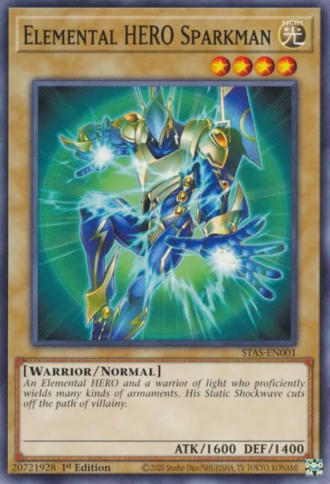 Elemental HERO Sparkman STAS-EN001 Yu-Gi-Oh card from 2-Player Starter Set