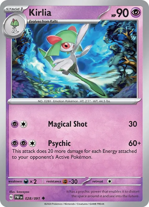 Kirlia #028/091 Reverse Holofoil Pokémon card from Paldean Fates