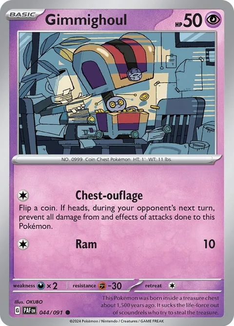 Gimmighoul #044/091 Reverse Holofoil Pokémon card from Paldean Fates