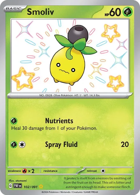 Smoliv #102/091 Holofoil Pokémon card from Paldean Fates