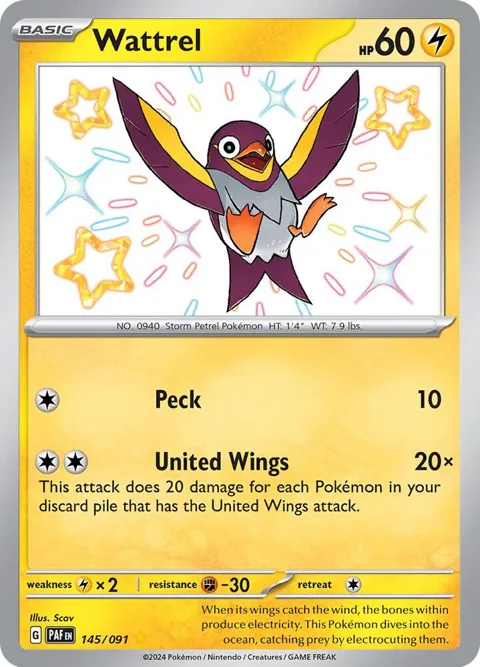 Wattrel #145/091 Holofoil Pokémon card from Paldean Fates