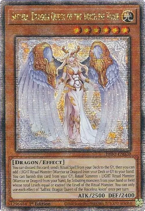 Saffira, Dragon Queen of the Voiceless Voice Quarter Century Secret Rare PHNI-EN020 Yu-Gi-Oh card from Phantom Nightmare
