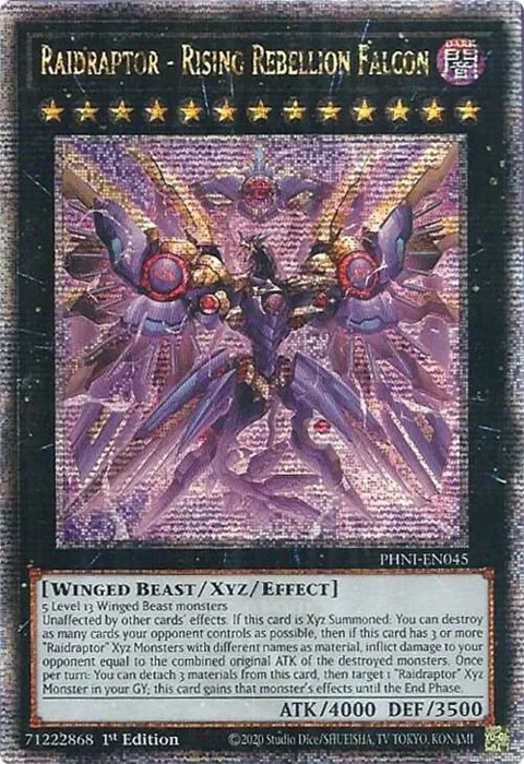 Raidraptor - Rising Rebellion Falcon Quarter Century Secret Rare PHNI-EN045 Yu-Gi-Oh card from Phantom Nightmare