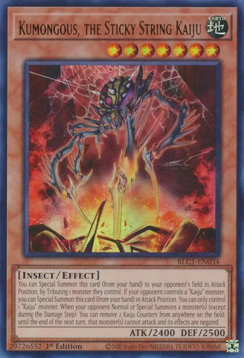 Kumongous, the Sticky String Kaiju BLC1-EN034 Yu-Gi-Oh card from Battles of Legend: Chapter 1
