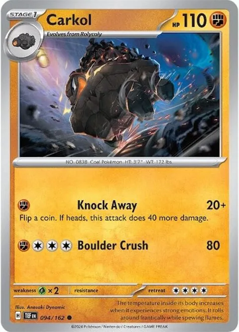Carkol #094/162 Reverse Holofoil Pokémon card from Temporal Forces