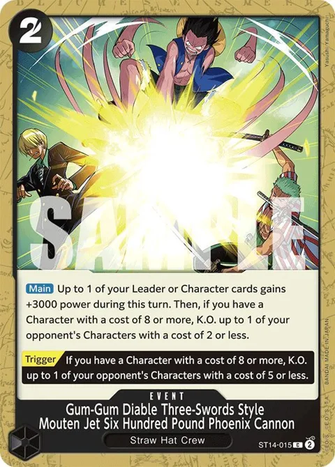 Gum-Gum Diable Three-Swords Style Mouten Jet Six Hundred Pound Phoenix Cannon ST14-015 One Piece card from Starter Deck 14: 3D2Y