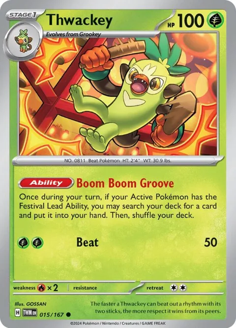 Thwackey #015/167 Reverse Holofoil Pokémon card from Twilight Masquerade