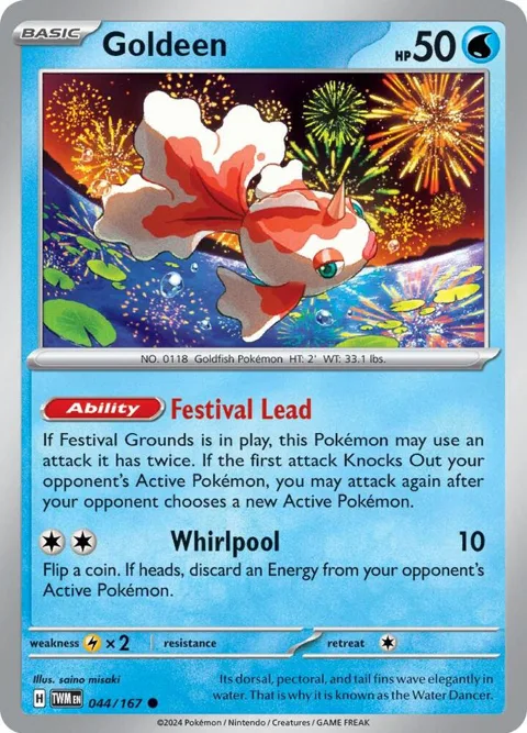Goldeen #044/167 Reverse Holofoil Pokémon card from Twilight Masquerade