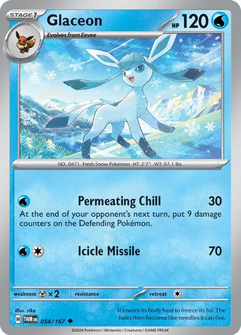 Glaceon #054/167 Reverse Holofoil Pokémon card from Twilight Masquerade