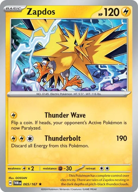 Zapdos #065/167 Reverse Holofoil Pokémon card from Twilight Masquerade
