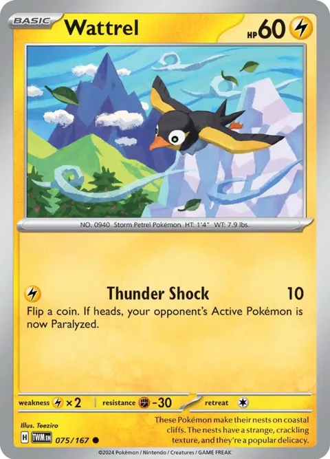 Wattrel #075/167 Reverse Holofoil Pokémon card from Twilight Masquerade