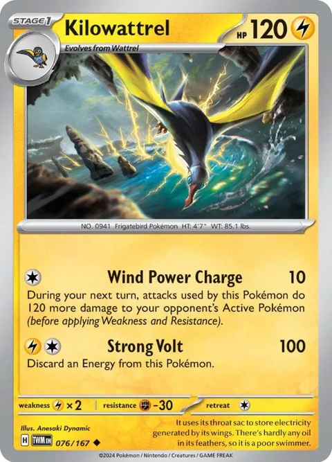 Kilowattrel #076/167 Reverse Holofoil Pokémon card from Twilight Masquerade