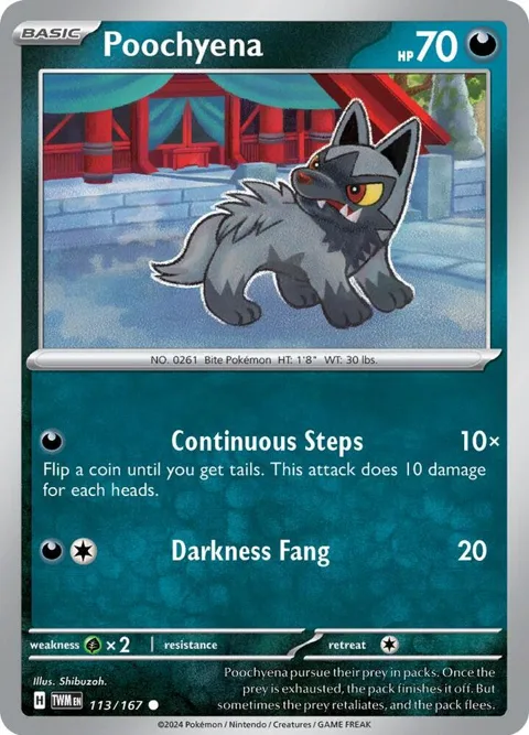 Poochyena #113/167 Reverse Holofoil Pokémon card from Twilight Masquerade