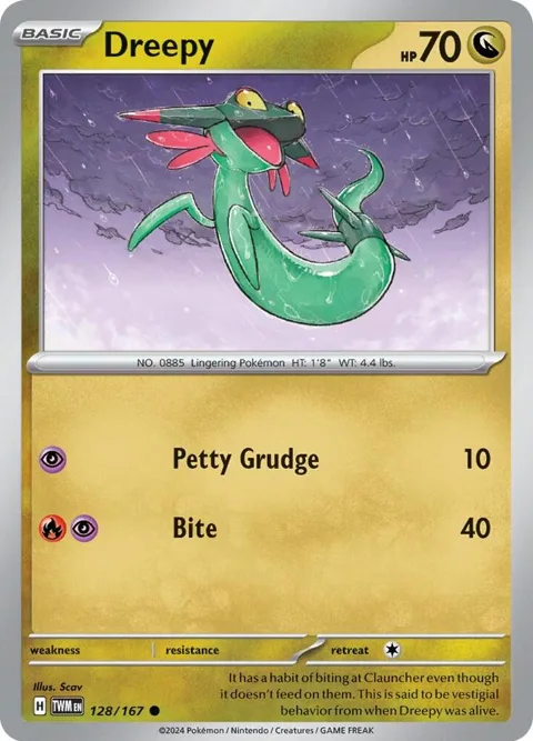 Dreepy #128/167 Reverse Holofoil Pokémon card from Twilight Masquerade