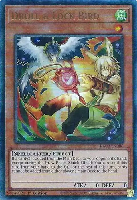Droll & Lock Bird Alt Art Prismatic Ultimate Rare RA02-EN006 Yu-Gi-Oh card from 25th Anniversary Rarity Collection II