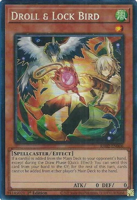 Droll & Lock Bird Alt Art Prismatic Collector's Rare RA02-EN006 Yu-Gi-Oh card from 25th Anniversary Rarity Collection II