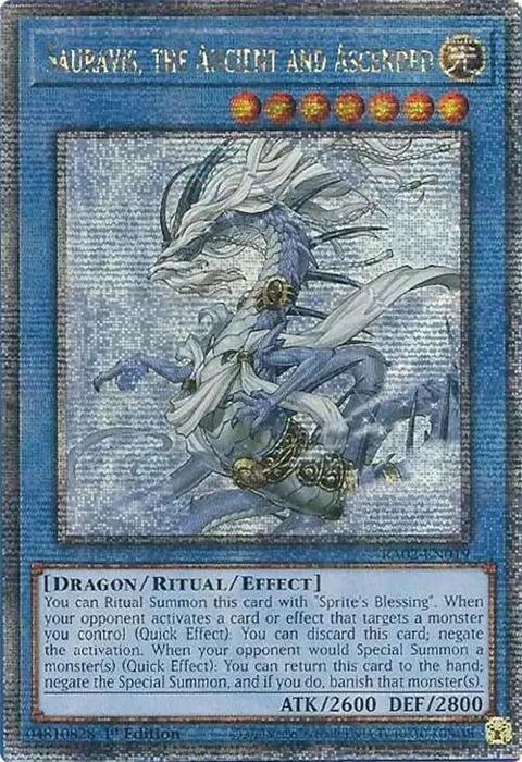 Sauravis, the Ancient and Ascended Quarter Century Secret Rare RA02-EN019 Yu-Gi-Oh card from 25th Anniversary Rarity Collection II
