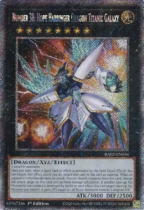 Number 38: Hope Harbinger Dragon Titanic Galaxy Platinum Secret Rare RA02-EN036 Yu-Gi-Oh card from 25th Anniversary Rarity Collection II
