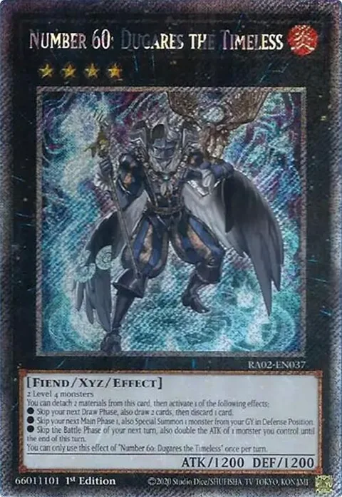 Number 60: Dugares the Timeless Platinum Secret Rare RA02-EN037 Yu-Gi-Oh card from 25th Anniversary Rarity Collection II