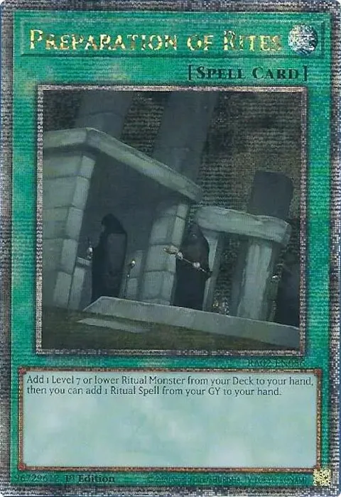 Preparation of Rites Quarter Century Secret Rare RA02-EN056 Yu-Gi-Oh card from 25th Anniversary Rarity Collection II