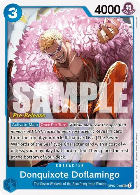 Donquixote Doflamingo OP07-048 Pre-Release One Piece card from 500 Years in the Future Pre-Release Cards