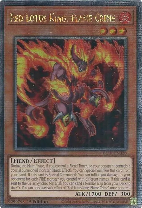 Red Lotus King, Flame Crime Quarter Century Secret Rare BLTR-EN028 Yu-Gi-Oh card from Battles of Legend: Terminal Revenge