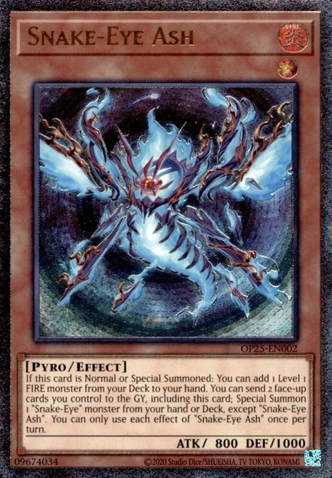 Snake-Eye Ash Ultimate Rare OP25-EN002 Yu-Gi-Oh card from OTS Tournament Pack 25