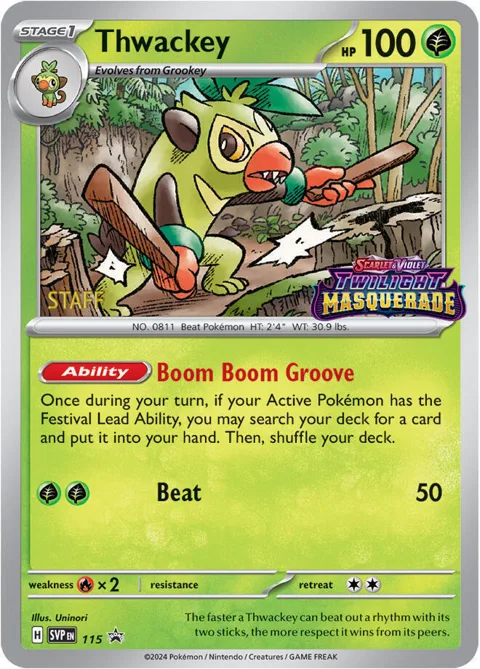 Thwackey - 115 Prerelease [Staff] #115 Holofoil Pokémon card from Scarlet & Violet Promo Cards