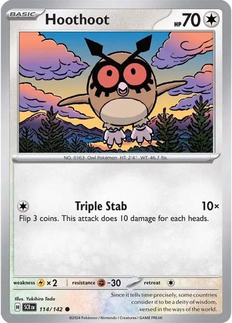 Hoothoot #114/142 Reverse Holofoil Pokémon card from Stellar Crown