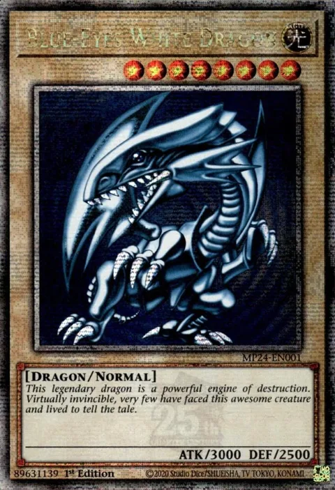 Blue-Eyes White Dragon Quarter Century Secret Rare MP24-EN001 Yu-Gi-Oh card from 25th Anniversary Tin: Dueling Mirrors
