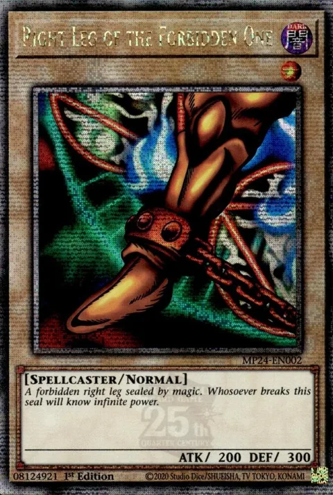 Right Leg of the Forbidden One Quarter Century Secret Rare MP24-EN002 Yu-Gi-Oh card from 25th Anniversary Tin: Dueling Mirrors