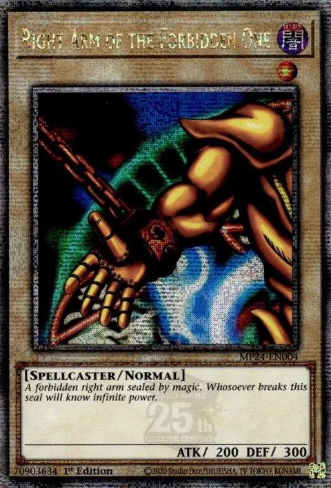 Right Arm of the Forbidden One Quarter Century Secret Rare MP24-EN004 Yu-Gi-Oh card from 25th Anniversary Tin: Dueling Mirrors