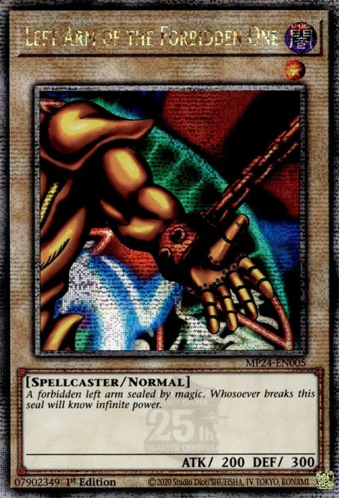 Left Arm of the Forbidden One Quarter Century Secret Rare MP24-EN005 Yu-Gi-Oh card from 25th Anniversary Tin: Dueling Mirrors