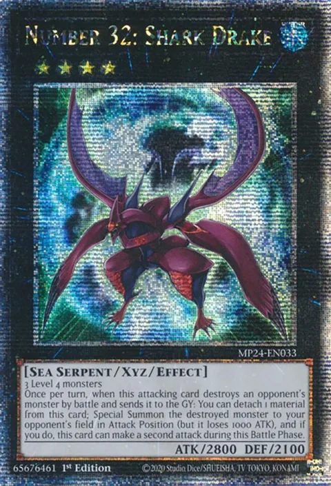 Number 32: Shark Drake Quarter Century Secret Rare MP24-EN033 Yu-Gi-Oh card from 25th Anniversary Tin: Dueling Mirrors
