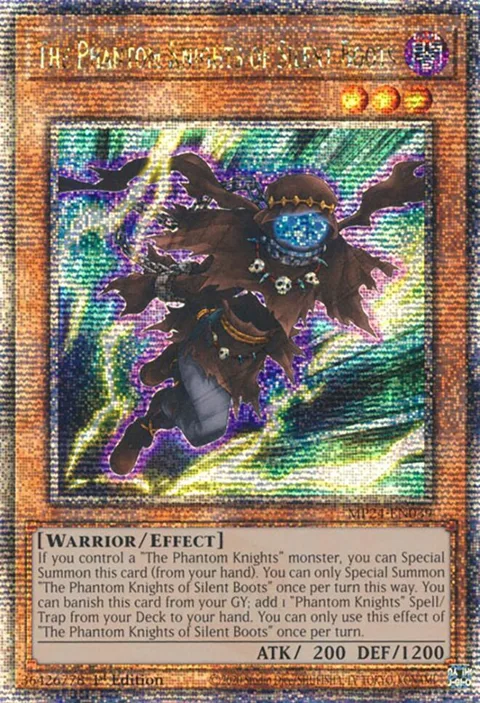 The Phantom Knights of Silent Boots Quarter Century Secret Rare MP24-EN039 Yu-Gi-Oh card from 25th Anniversary Tin: Dueling Mirrors