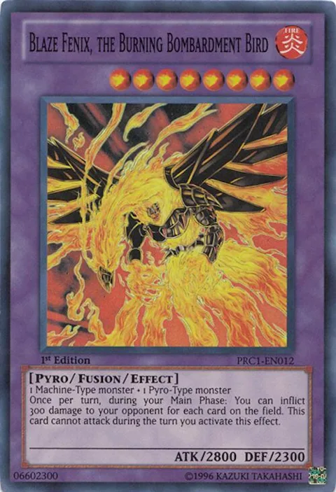 Blaze Fenix, the Burning Bombardment Bird PRC1-EN012 Yu-Gi-Oh card from 2012 Premium Collection Tin