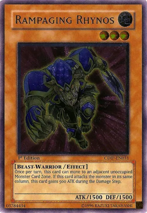 Rampaging Rhynos Ultimate Rare CDIP-EN031 1st Edition Yu-Gi-Oh card from Cyberdark Impact