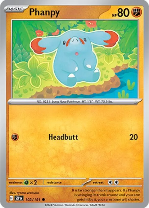 Phanpy #102/191 Reverse Holofoil Pokémon card from Surging Sparks