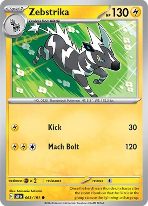 Zebstrika #063/191 Reverse Holofoil Pokémon card from Surging Sparks