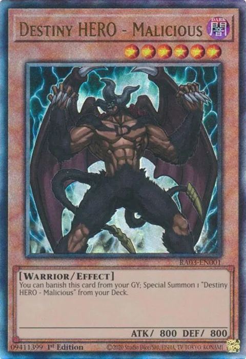 Destiny HERO - Malicious Prismatic Ultimate Rare RA03-EN001 Yu-Gi-Oh card from Quarter Century Bonanza