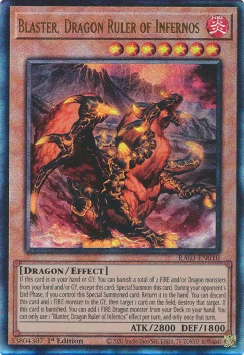 Blaster, Dragon Ruler of Infernos Prismatic Ultimate Rare RA03-EN010 Yu-Gi-Oh card from Quarter Century Bonanza