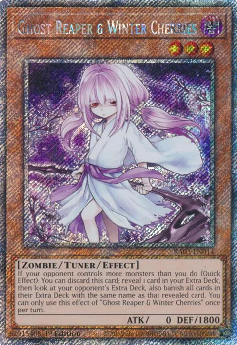 Ghost Reaper & Winter Cherries Alt Art Platinum Secret Rare RA03-EN014 Yu-Gi-Oh card from Quarter Century Bonanza