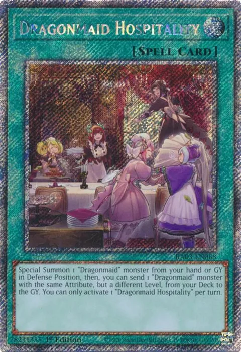 Dragonmaid Hospitality Platinum Secret Rare RA03-EN068 Yu-Gi-Oh card from Quarter Century Bonanza