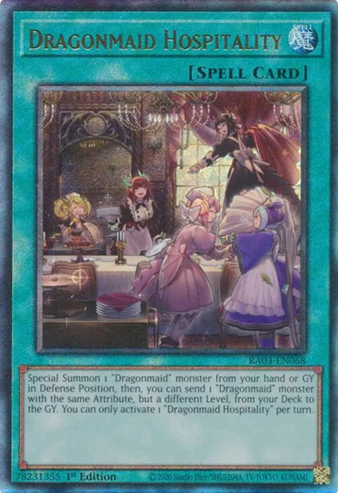 Dragonmaid Hospitality Prismatic Ultimate Rare RA03-EN068 Yu-Gi-Oh card from Quarter Century Bonanza