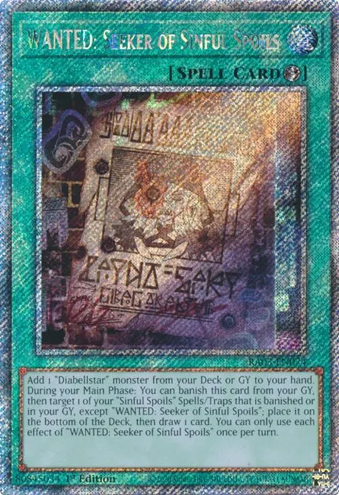 WANTED: Seeker of Sinful Spoils Platinum Secret Rare RA03-EN074 Yu-Gi-Oh card from Quarter Century Bonanza
